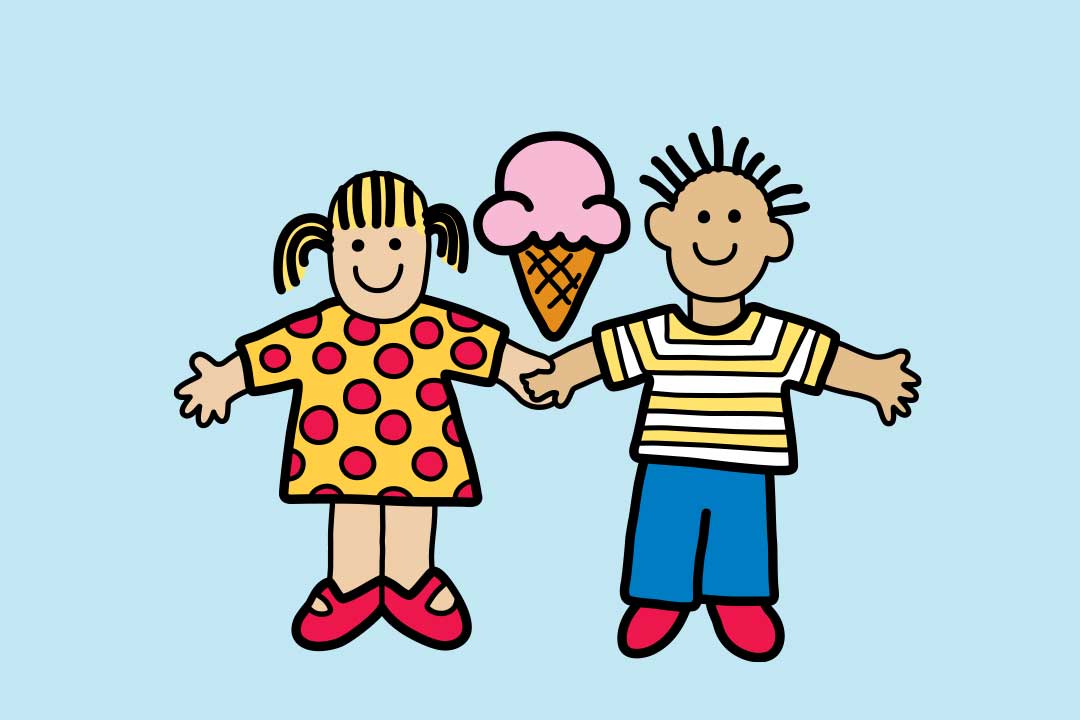 Dos niños agarrándose las manos con un cucurucho de helado